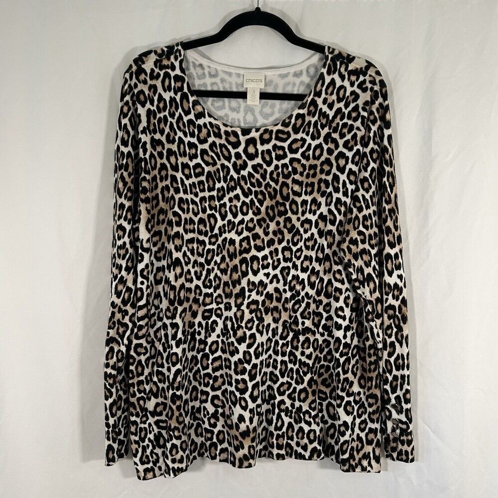 Chico's Blouse Women's XL Cheetah Print Long Sleeve Round Neck Soft